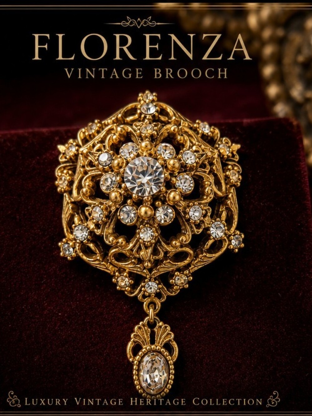 Vintage Florenza Rhinestone Brooch Gold Tone 3D Filigree Dangle Victorian Reviva